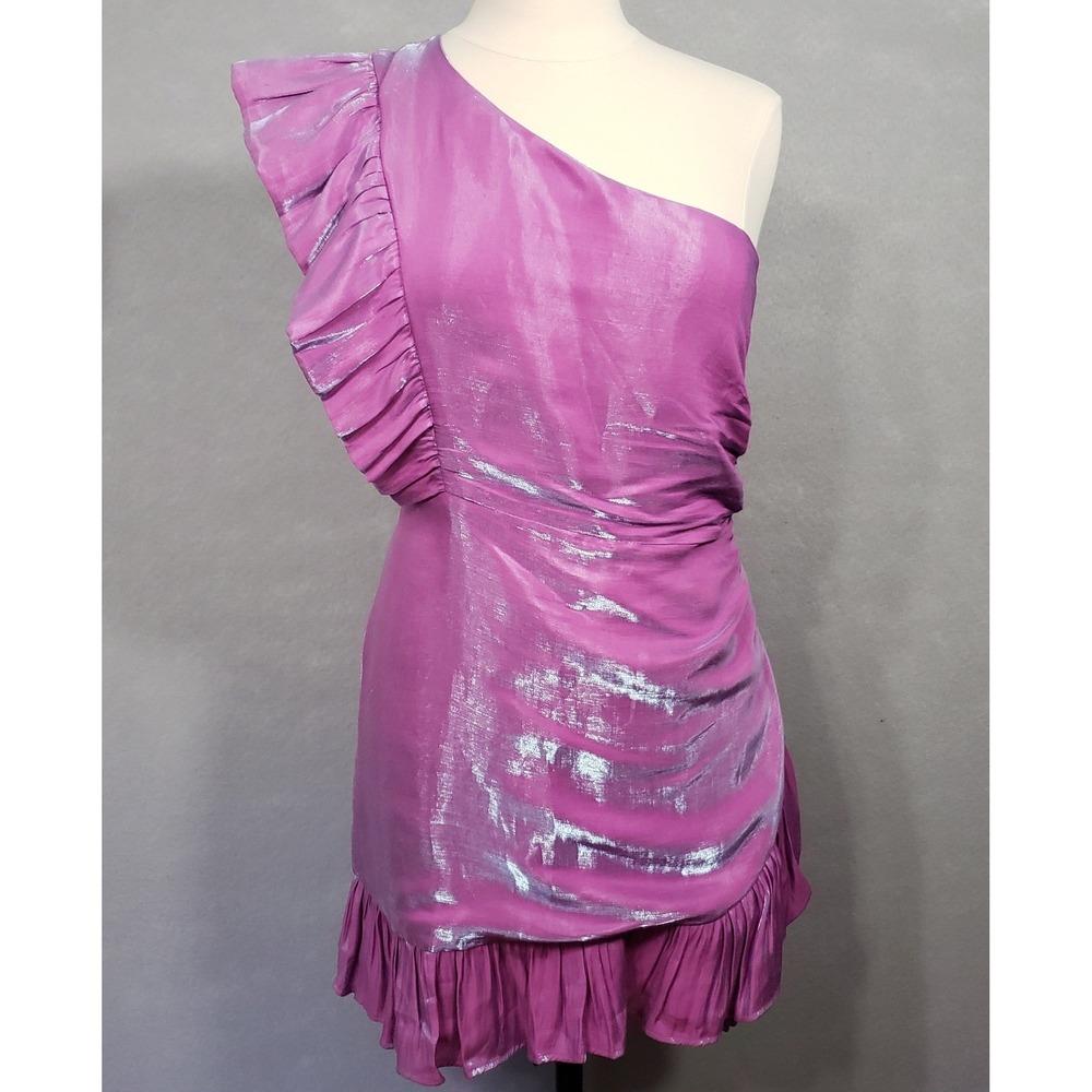 Charisma Iridescent Liquid Pink One Shoulder‎ Ruffle Mini Dress Womens Large